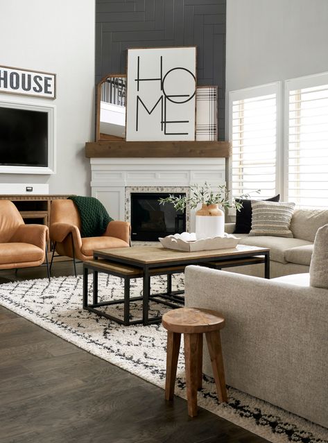 These Self-Taught DIYers Revamped Their Suburban Home with Major Farmhouse Character | Better Homes & Gardens Black Brick Fireplace, Farmhouse Fireplace Ideas, Modern Farmhouse Fireplace, Sleek Fireplace, White Brick Fireplace, Farmhouse Mantel, Modern Farmhouse Dining Room, Fireplace Mantle Decor, Modern Farmhouse Dining