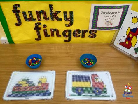 Funky Fingers Station | Infant Teaching Ideas Activities Board, Preschool Charts, Preschool Fine Motor Skills, Finger Gym, Peg Boards, Funky Fingers, Teaching Babies, Continuous Provision, Infant Classroom