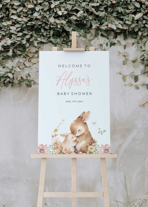 "Adorable bunny themed baby shower welcome sign with flowers. Available to edit and print shortly after purchase. Matching Items: https://www.etsy.com/shop/PartyInvitesAndMore?ref=listing-shop-header-item-count&search_query=2729 Demo here: https://www.corjl.com/d/4MP6ND Welcome to my shop! Please read instructions and details below to see what can be edited and sizing. The file is available as a 18\"x24\" or 24\"x36\" size. Benefits of this instant download: * No software needed! Download and edit instantly from any PC or Mobile Device (desktop preferred) * All text is editable. * Editable text color and sizes can be changed. How it works: You will receive an e-mail from Corjl shortly (typically right after purchase). This will contain access to the file for editing. You can also go direct Bunny Theme, Bunny Shower Theme, Bunny Themed Baby Shower Ideas Girl, Baby Shower Bunny Theme, Some Bunny Gender Reveal, Somebunny Is On The Way, Bunny Themed Baby Shower Ideas, Bunny Baby Shower Ideas, Bunny Theme Backdrop