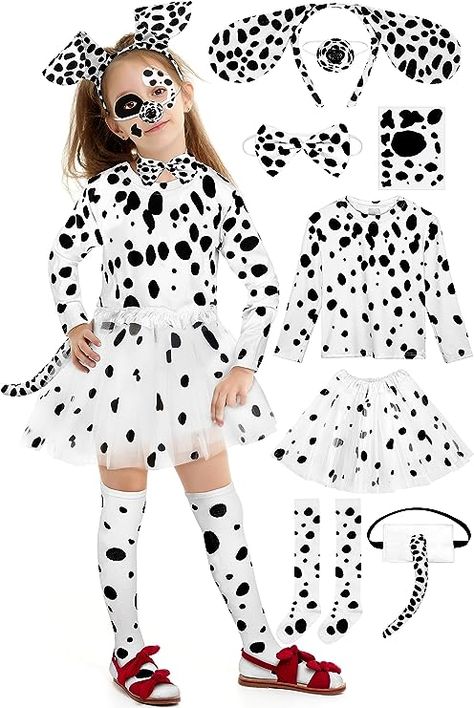 AOTHSO 8 Pieces Halloween Girls Dalmatian Costume Set with Dog Headband Accessories Long Sleeves Tutu Skirt for Kids Dress Up Dalmatian Dog Costume, Dog Costumes For Kids, Dog Headband, Skirt For Kids, Dalmatian Costume, Headband Accessories, Kids Dress Up, Skirts For Kids, Cute Costumes