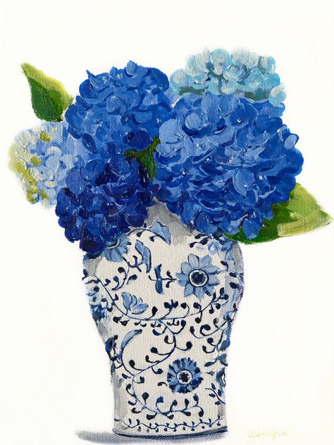 Digital Download Art Prints, Blue Hydrangeas Free Printable Chinoiserie Art, Blue Wall Art Prints, Hydrangea Painting Easy, Blue Hydrangea Painting, Hydrangea Illustration, Painting Hydrangeas, Easy Digital Art, Hydrangea Art, Hydrangea Wall Art