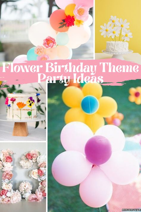 Flower Power Birthday Theme, Wildflower Party Theme Food, Flower Party Games, Flower Theme Party Decoration, Flower Birthday Party Ideas For Kids, Flower Bday Party Ideas, Flower Power Party Decorations, Girls Flower Birthday Party, 1st Birthday Flower Theme