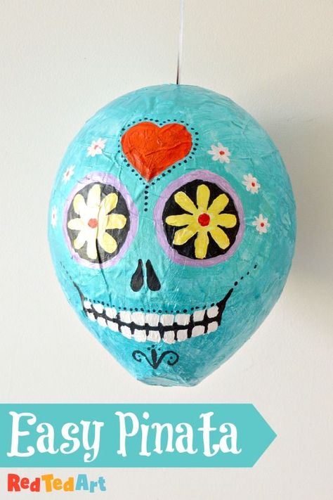 Red Ted Art's Sugar Skull Pinata DIY! How fun is this Day of the Dead Pinata? It makes the most of the "classic" paper Mache and balloon project as it is the perfect shape for a Skull. Perfect for any Day of the Dead celebrations. Or decorate as a plain white skull for a Halloween Party! Sugar Skull Diy, Hallowen Crafts, Sugar Skull Crafts, Halloween Pinata, Diy Halloween Party, Red Ted Art, Easy Halloween Party, Transitional Kindergarten, Skull Crafts