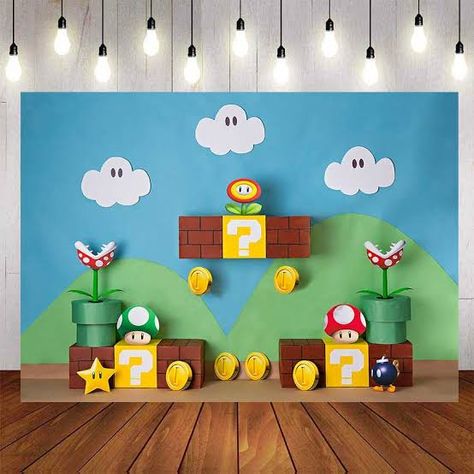 Mario Party Background, Mario Backdrop Birthday Party Ideas, Super Mario Bros Party Decorations, Mario Photoshoot, Super Mario Background, Mario Coins, Super Mario Backdrop, Game Night Decorations, Super Mario Room