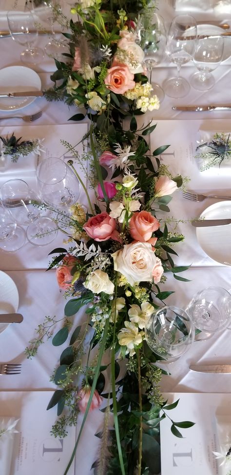 Long Table Floral Arrangements Centerpieces, Table Runners Flowers, Long Rectangular Floral Arrangement, Long Floral Table Arrangements, Narrow Wedding Table Decorations, Long Flower Arrangements For Table, Flower Centerpieces Long Table, Long Table Wedding Flowers, Long Flower Centerpieces