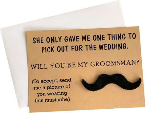 PRICES MAY VARY. ★ SKIP THE AWKWARDNESS: A fun & classy way to ask your groomsmen to be part of your wedding while flaunting your sense of humor. ★ GO THE EXTRA MILE: Sure, you can just phone your guys, but a unique proposal idea make the moment photo-worthy and say "thanks" in advance for every gentleman's support. ★ YES PUN-INTENDED: Tell them you "mustache" them a question: Will they be your groomsmen? This funny card challenges them to accept the role by sending the groom a pic of them weari Groomsmen Proposal Cards, Groomsmen Cards, Asking Groomsmen, Mustache Theme, Groomsmen Boxes, Groomsman Proposal Box, Unique Proposals, Groomsmen Proposal Gifts, Groomsmen Looks