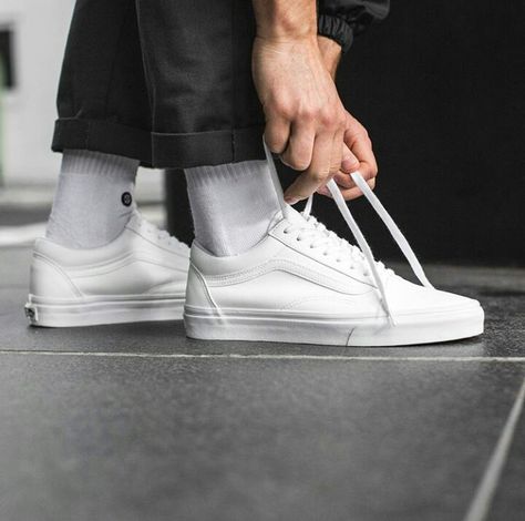 Vans Triple White Old Skools White Vans Old Skool Outfit, White Urban Style Skate Shoes, Vans White Outfit, Vans Authentic White Outfit Men, White Vans Outfit Mens, Men’s White Vans Outfit, White Low-top Skate Shoes, Mens White Vans, Old Skool Vans Outfit