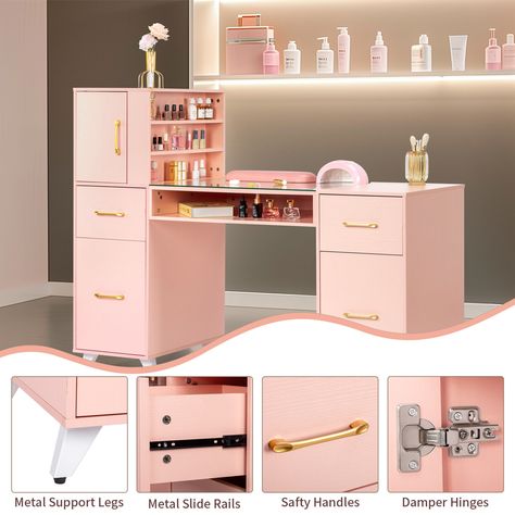 Manicure Nail Table Desk Spa Salon Beauty Station Equipment w/ Drawers + Cabinet Small Nail Desk, Manicure Desk Ideas, Manicure Station Ideas, Small Nail Salon Ideas, Nail Desk Ideas, Manicure Table Nail Station, Nail Tech Station At Home, Desk Salon, Salon Desk