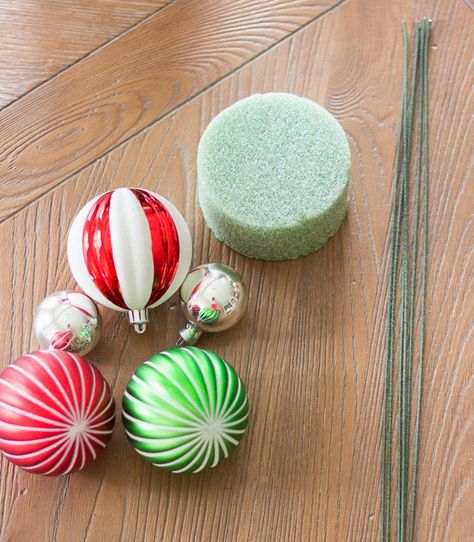 Supplies for Christmas ornament centerpiece Ornament Bouquet, Christmas Table Centerpieces Diy, Make A Christmas Ornament, Christmas Window Boxes, Carpeted Stairs, Holiday Boards, Old Ornaments, Easter Tree Ornaments, Table Centerpieces Diy