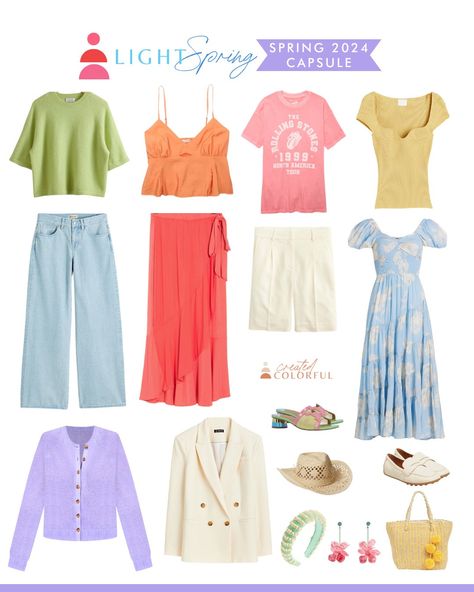 Light Spring Wardrobe, Light Spring Outfits, True Spring Color Palette, Light Spring Palette, True Spring Colors, Light Spring Color Palette, Created Colorful, Autumn Capsule Wardrobe, Spring Tones