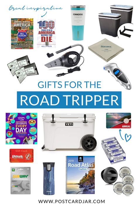 We present our holiday road trip gift guide to you. Chock full of ideas for the road tripper on your list, you'll find everything from stocking stuffers to larger items. The best part is, all of the items are perfect for people who love to take a road trip. These are some of our favorite items to have with us because they make our travels so much better and more convenient. Check out this list of gift ideas now! #RoadTripGifts #TravelGifts #TravelergGifts via @Postcard Jar Road Trip Basket For Adults, Gifting A Trip Ideas, How To Give A Trip As A Gift, Road Trip Gift Basket Ideas, How To Give A Trip As A Christmas Gift, Road Trip Gift Basket, Gifts For A Road Tripper, Road Trip Basket, Subway Gift Card