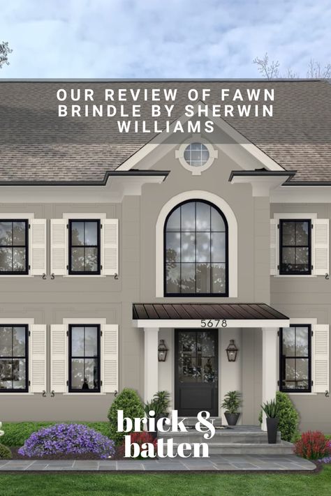 Fawn Brindle is a gorgeous neutral paint color we can’t get enough of. It landed on not one, but two of our annual “best of” lists, receiving high honors as one of the 14 best Sherwin Williams exterior paint colors and one of the 14 best exterior house colors of 2024. Learn why we love Fawn Brindle along with our recommended color pairings, building materials, and more: https://bit.ly/4baPyP2 Greige Exterior Paint Colors, Greige Exterior Paint, Tan Exterior House Colors, Neutral Exterior House Colors, Greige Exterior House Colors, Greige Exterior, Sherwin Williams Exterior Paint, Sherwin Williams Greige, Sherwin Williams Exterior Paint Colors