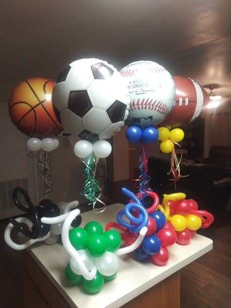 Got these customized by Texas City Balloon Twisterz Sports Birthday Balloons, Sports Balloon Centerpieces, Sports Theme Baby Shower Ideas, Born Two Ball, Sport Themed Birthday Party, Sports Themed Birthday Party Ideas, Born 2 Ball, Sports Party Centerpieces, Sports Centerpieces