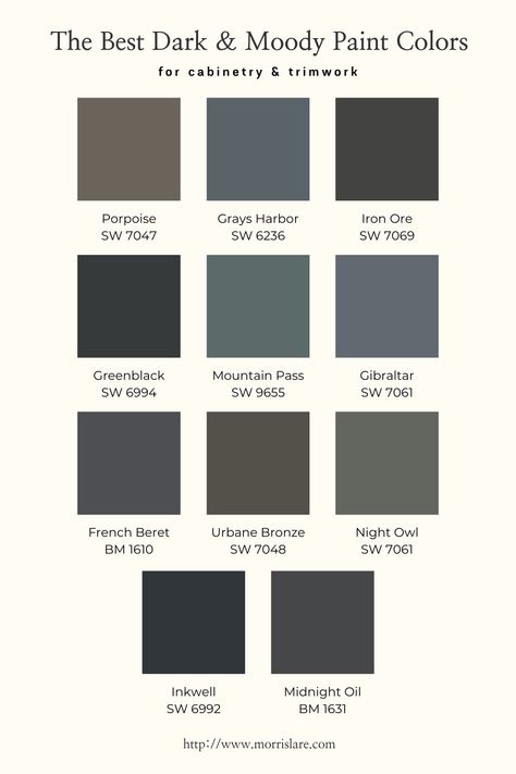 Trim For Dark Walls, Dark Wall White Cabinets, Dark Wall Dark Trim, Dark Neutral Color Palette Bedroom, Dark Interior Colors, Best Dark Cabinet Paint Colors, Dark Island Paint Colors, Light Cabinets Dark Walls, Dark Colors For Bathroom