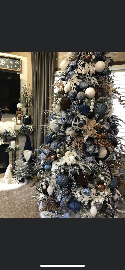 Navy Blue Flocked Christmas Tree, Navy Christmas Tree Ideas, Navy Blue And Pink Christmas Tree, Navy Blue Christmas Tree Ideas, Blue And Black Christmas Tree, Dark Blue Christmas Tree, Navy Blue Christmas Tree, Blue Christmas Tree Decorations, Glam Christmas Tree