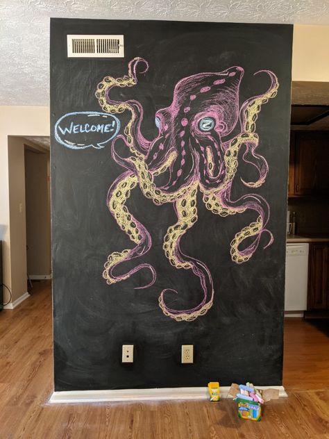 Under The Sea Chalkboard Art, Octopus Chalk Art, Chalk Wall Mural, Ocean Chalkboard Art, Chalk Mural Ideas, Things To Draw On A Chalkboard, Chalkboard Wall Art Ideas, Chalkboard Wall Design Ideas, Chalk Wall Ideas