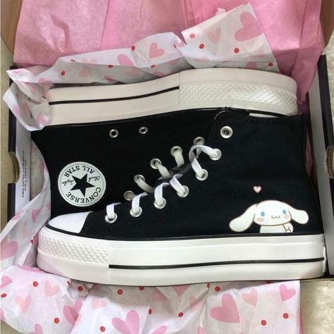 Brand New In The Box Never Worn Cute Cinnamon Character On The Side Platform Bottoms Price Firm Cinnamoroll Converse, Cinnamon Character, Sanrio Converse, Cute Converse Outfits, Cute Shoes For School, Cute Converse Shoes, Cinnamoroll Hello Kitty, Hello Kitty Black, Cute Converse