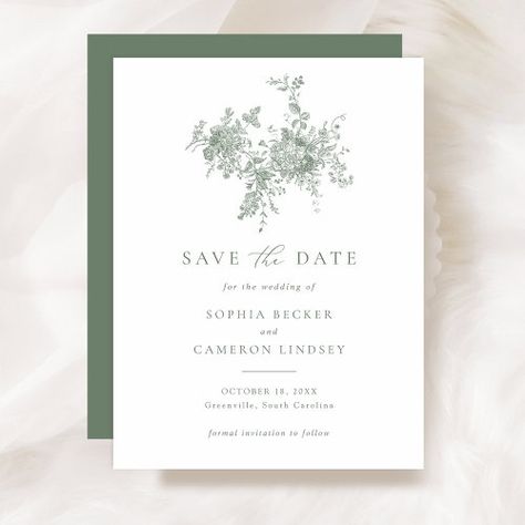 Elegant Floral Sage Green Wedding Save The Date Invitation #zazzle #weddinginvitations #birthdayinvitations #babyshowerinvitations #zazzleinvitations #monogram #businesscards #graduation #homedecor Toile Invitation, Sage Wedding Invite, Sage Green Save The Date, Green Wedding Save The Date, Ornament Invitation, Green Save The Date, Botanical Invitation, Forest Green Wedding, Green Invitation