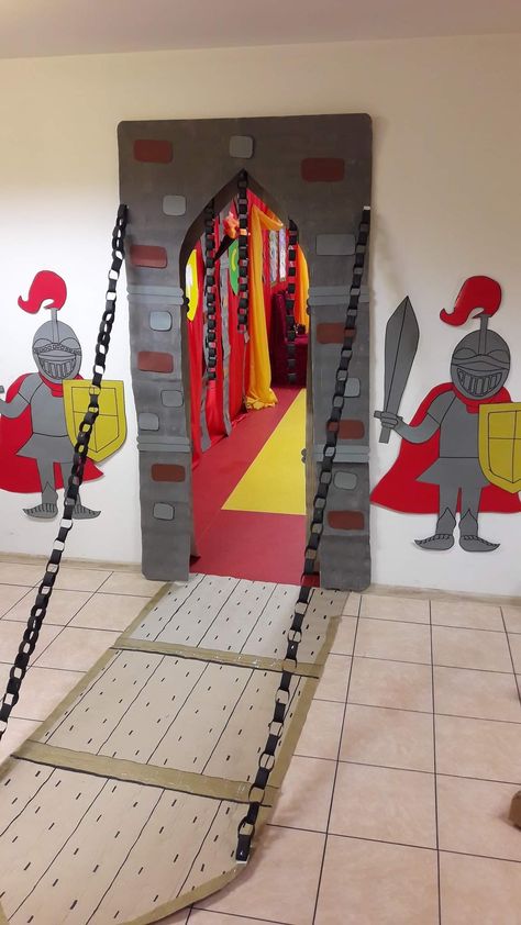 Castle Decorations Party, Medieval Party Decor, Medieval Bulletin Board Ideas, Medieval Themed Nursery, Keepers Of The Kingdom Decorations, Vbs Kingdom Theme, Keeper Of The Kingdom Vbs Decorations, Keepers Of The Kingdom Vbs Crafts, Knight Decorations