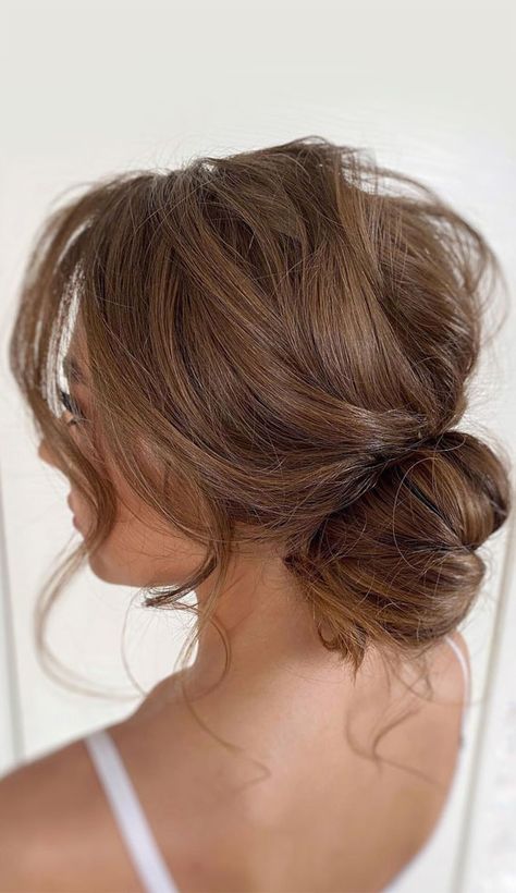 Bridesmaid Hair Low Bun Messy, Messy Low Bun, Messy Hair Look, Low Bun Hairstyles, Short Hair Bun, Messy Updo, Prom Hairstyles For Short Hair, Elegant Hair, Low Bun