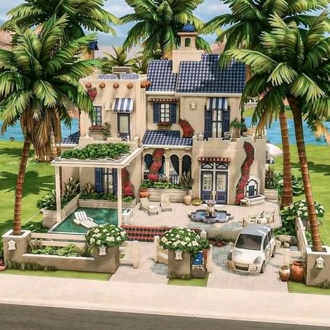 Sims Vacation House, Greek House Bloxburg, Sims 4 Oasis Springs House, Ts4 House Ideas, Sims 4 Backyard Ideas, Sims 4 Oasis Springs, Sims4 House, Sims 4 Houses Layout, Oasis Springs