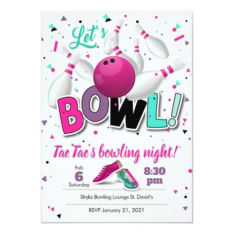 Kids Bowling Party, Bowling Party Themes, Bowling Party Decorations, Bowling Party Favors, Bowling Birthday Party Invitations, Bowling Invitations, Bowling Birthday Invitations, Girls Bowling, Bowling Party Invitations