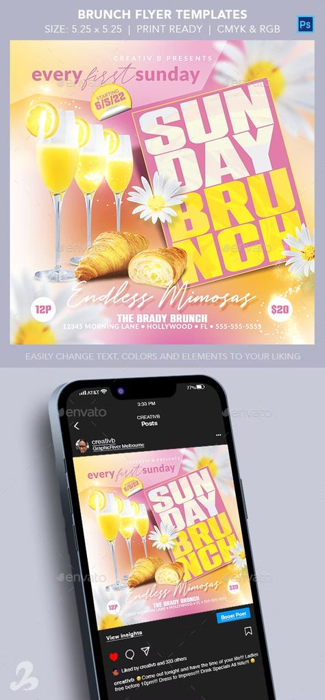 Brunch Flyer Templates by CreativB | GraphicRiver Brunch Flyer, Afternoon Party, Party Breakfast, Ladies Brunch, Girls Brunch, Breakfast Party, Hollywood Fl, Event Flyers, Brunch Party