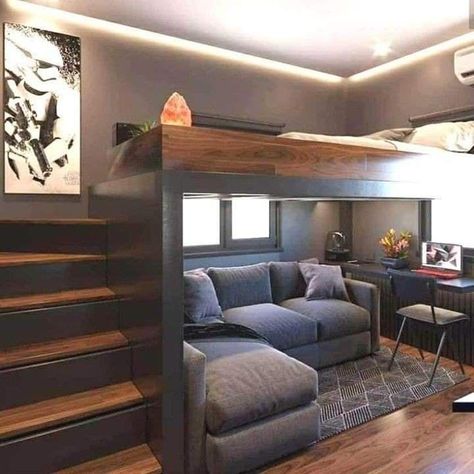 Dark Theme Bedroom, Spare Bedroom Office, Reka Bentuk Bilik Tidur, A Loft Bed, Loft Style Bedroom, Diy Loft Bed, Theme Bedroom, Small Room Design Bedroom, Tiny Bedrooms