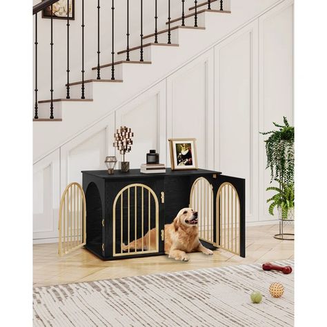 Tucker Murphy Pet™ Dog Crate Furniture, Indoor Arched Door Design, 3 Door Wooden Dog Crate Furniture, Anti-Chew & Reviews | Wayfair Furniture Dog Kennel, Dog Kennel Indoor, Wooden Dog Crate, Litter Box Enclosure, Dog Crate Furniture, Wooden Dog, Wood Boards, Crate Furniture, Assembly Instructions