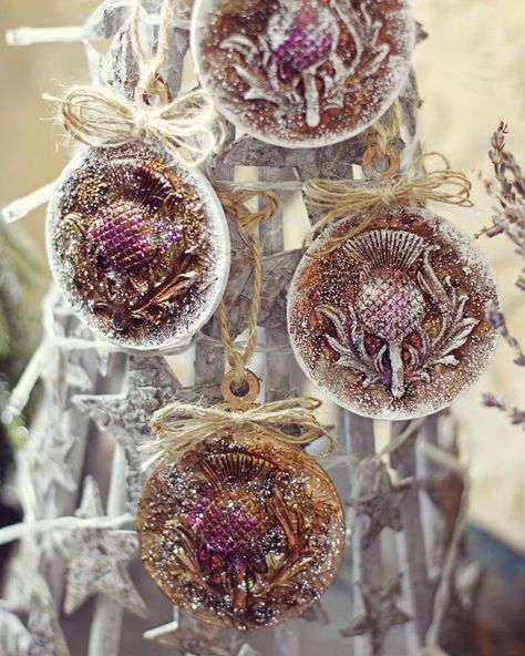 Monika Prokopczyk on Instagram: “Handmade Scottish theme Christmas Ornaments featuring Thistle Flower 🎄made from wood, clay and painted with @primamarketinginc metallique…” Scottish Christmas Decorations, Scottish Christmas, Thistle Flower, Flower Making, Family Gifts, Painted Furniture, Crochet Earrings, Christmas Decorations, Christmas Ornaments