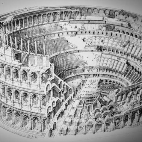 Drawing of coliseum. Roman Drawings, Ancient Drawings, Sea Battle, Air Photo, Roman Architecture, Byzantine Empire, Egyptian Hieroglyphics, Ancient Mysteries, Rome Travel