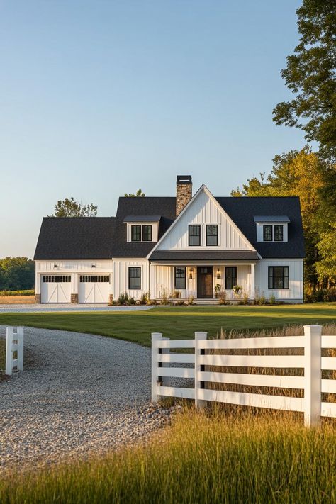 Wide angle view of a modern farmhouse exterior in white board and batten siding black multi pitched roof with dormers brown stone chimney detached. Check out all of these dream farmhouses that will have you drooling with rural living fantasies and mooing with joy!