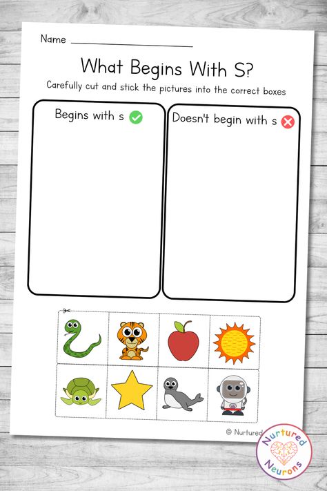 Beginning Sounds Sorting Worksheets (SAT) Boost your child's early reading skills with our engaging activity. Your little learners will need to cut out the pictures and sort them based on what sound they starts with. This can enhance their beginning sound recognition, problem solving and fine motor skills. Ideal for preschoolers and kindergarteners. #PhonicsFun #EarlyReading #EarlyLearning #Phonics #PhonicsWorksheets #EYFS #BeginningSounds #KindergartenWorksheets Sound Sorting Activities, Sorting Kindergarten Worksheets, Same Sound Sort Preschool, Beginning Sound Worksheets Kindergarten, Begining Sound Work Sheet, Beginning Sound Picture Cards, Kindergarten Phonics Activities, Letters S, Best Toddler Gifts