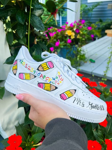 Teacher sneakers, fall sneakers, teacher outfits, outfit ideas for teachers, custom shoes Teacher Sneakers Diy, Preschool Teacher Graduation Outfit, Cute Teacher Shoes, Elementary Outfits Teachers, February Teacher Outfits, Teacher Graduation Dress, Teacher Shoes Painted, Teacher Painting Ideas, Preppy Teacher Outfits