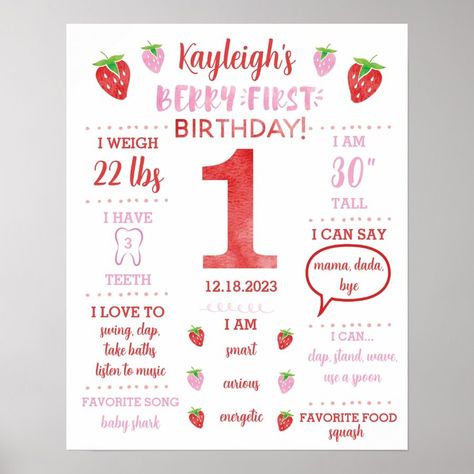 Berry First Birthday Milestone Poster  Zazzle Berry 1st Birthday, First Birthday Milestone, First Birthday Posters, Berry First Birthday, Baby Birthday Decorations, 1st Birthday Party Decorations, Strawberry Party, Birthday Milestone, Milestone Poster