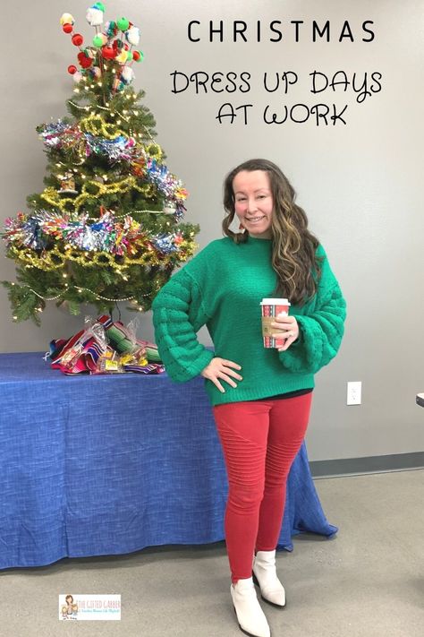 Dress Like A Elf For School, Work Holiday Outfit Ideas, Dress Up Christmas Character, Red And Green Day Spirit Week Christmas, Grinch Theme Outfits, Dress Like Santa Day At School, Underground Dress Up Days For Teachers, Winter Dress Up Ideas, Work Christmas Dress Up Days