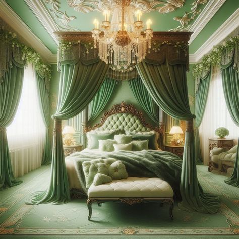 Green Princess Room, Royal Green Bedroom, Mansion Rooms, Royal Bed, Victorian Interior Design, Royal Bedroom, Bedroom Design Styles, Green Princess, Interior Model