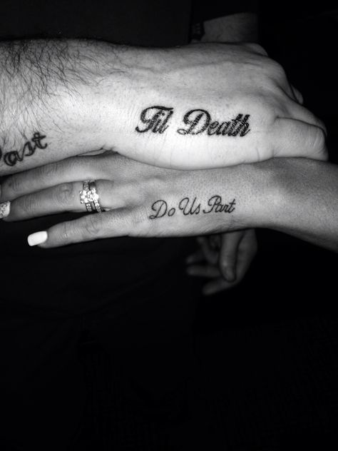 Couple Tattoo Sayings Words, His Only Her One Tattoos, Sentimental Couple Tattoos, Tattoos With Your Boyfriend, Black Couple Tattoo Ideas, Toxic Couple Tattoos, Double X Tattoo Mgk, Wedding Couple Tattoos, Gangsta Matching Tattoos