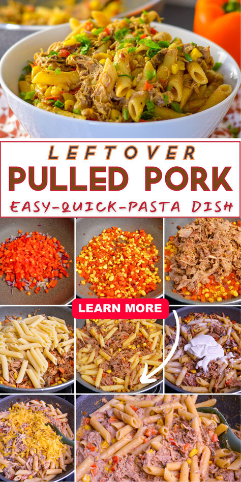 Leftover pulled pork "easy quick pasta dish." Pinterest Pin with a photo on top in white serving bowl of colorful pasta and a collage of steps to make below. Pulled Pork Pasta Recipes, Pulled Pork Pasta, Pulled Pork Leftover Recipes, Pork Pasta, Best Pork Recipe, Healthy Pasta Dishes, Quick Pasta Dishes, Pulled Pork Leftovers, Pasta Ingredients