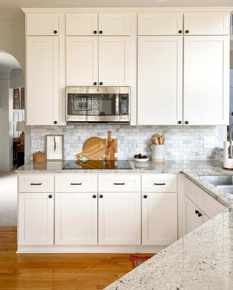 Simple Kitchen Cabinet Crown Molding on Shaker Cabinets - Soul & Lane Cabinet Crown Molding, Modern Crown Molding, Kitchen Cabinet Crown Molding, Cabinets With Crown Molding, Simple Kitchen Cabinets, Gray Tile Backsplash, Grey Counter, Cabinet Molding, White Canisters