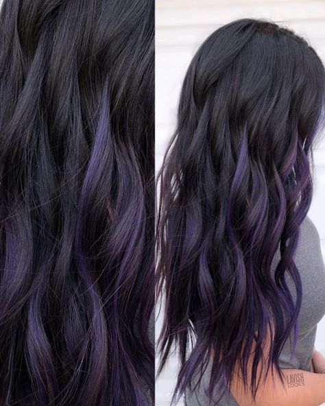 Black Hair With Purple Extensions, Dark Brown Hair With Hints Of Purple, Dark Hair Purple Peekaboo, Dark Hair With Purple Balayage, Purple Highlights Black Hair Straight, Half Black Half Purple Hair Underneath, Dark Brown Hair With Purple Tips, Dark Brown Hair With Purple Balayage, Black To Purple Balayage