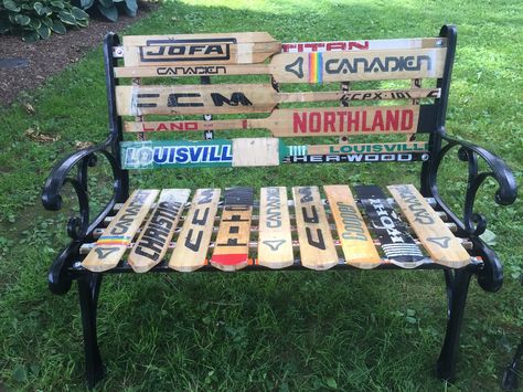 Hockey Park Bench made from my brother in law's goalie sticks from the 70's and 80's. Hockey Stick Furniture, Hockey Stick Crafts, Stick Furniture, Hockey Diy, Hockey Room, Hockey Stuff, Bench Diy, Stick Crafts, Hockey Sticks