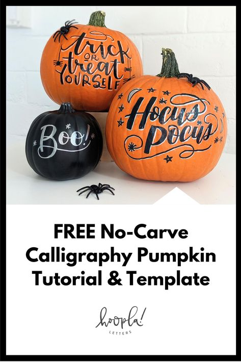 How To Create A Calligraphy Pumpkin | Hoopla! Letters Class up your Halloween decor with this calligraphy pumpkin tutorial! Method is no carve and suitable for both real and faux pumpkins. Perfect for your fall porch! Includes free design template. Writing On Pumpkins With Sharpie, Paint Pen Pumpkins, Pumpkin Calligraphy, Calligraphy Pumpkin, Pumpkin Tutorial, Cute Pumpkin Carving, Diy Calligraphy, Hand Painted Pumpkin, A Calligraphy