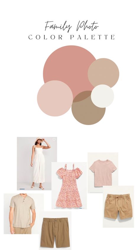 I love this color palette for family photos in the summertime. The pink give that pretty pop of color while still keeping it neutral and classic. All these looks are from Old Navy, which is my favorite place to recommend to clients. Spring Photoshoot Family Picture Ideas Color Schemes, Pink And Tan Family Pictures, Pink Color Scheme Family Photos, Summer Colour Palette Outfits, Summer Family Photoshoot Color Schemes, Family Photo Outfits Pink, Pink Family Photos, Family Color Palette, Family Photo Color Palette