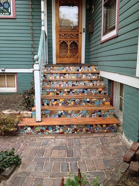 Latest Garden Decor Ideas 2024 - Garden Decoration ideas - Backyard Gard Mosaic Stairs, Front Porch Stone, Oasis Backyard, Stone Porches, Front Porch Steps, Stone Garden Paths, Backyard Oasis Ideas, Tile Stairs, Porch Steps