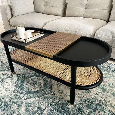 Ankhara Coffee Table, Natural Oak & Rattan | MADE.com Rattan Center Table, Rattan Sofas, Black Rattan Coffee Table, Dark Green Couches, Natural Rattan Coffee Table, Rattan Circle Coffee Table, Rattan Furniture Living Room, Coffee Tables Round, Vintage Rattan Coffee Table