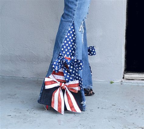 American Flag bell bottoms. SIZE 8/10. Americana Style Denim Bottoms, Red Bell Bottoms Jeans, Red Bell Bottom Jeans, Diy Bell Bottom Jeans, Diy Bell Bottoms, Bandana Bell Bottoms, American Flag Bell Bottoms, How To Make Jeans, American Theme