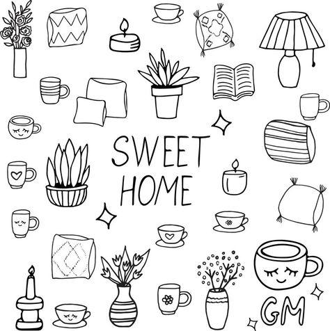 cozy home hand drawn in doodle style. set of elements for design sticker, poster, icon, card. , scandinavian, hygge, monochrome. lettering sweet, book, candles, pillows, vases with flowers, cups Hygge Drawing Ideas, Hygge Drawing, Hygge Doodles, Cozy Doodles, Vase Doodle, Pillow Doodle, Candle Doodle, Cozy Drawing, Cup Doodle