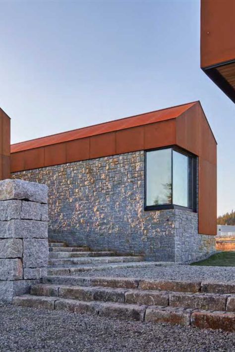 Corten Steel And Stone Architecture, Steel And Stone Architecture, Brian Mackay Lyons, Farm Architecture, House In Canada, Steel Architecture, Copper House, Steel Cladding, Rural Architecture