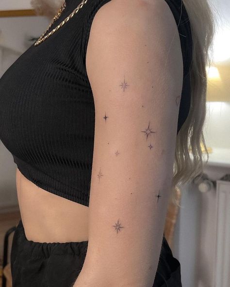 Sparkle Tattoo Sleeve, Girly Upper Arm Tattoos, Magik Tattoos, Sparkle Tattoo Shoulder, Star Tattoos Arm, Star Tattoos Shoulder, Stars Tattoo Arm, Star Arm Tattoo, Arm Tattoos Stars